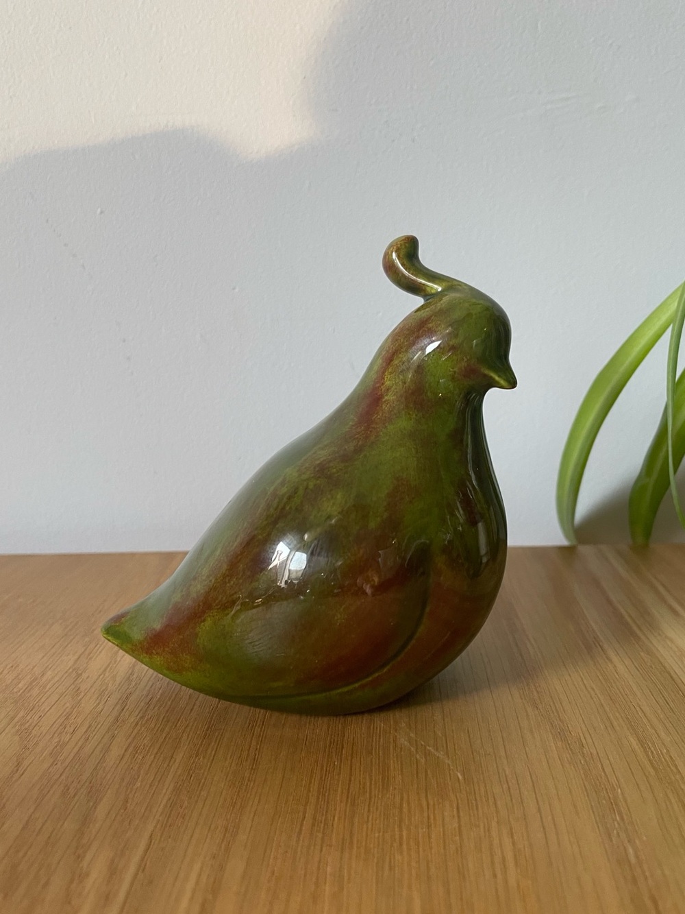 Vintage MCM Signed Ceramic Quail Figurine Green Drip Glaze Earthy Decor